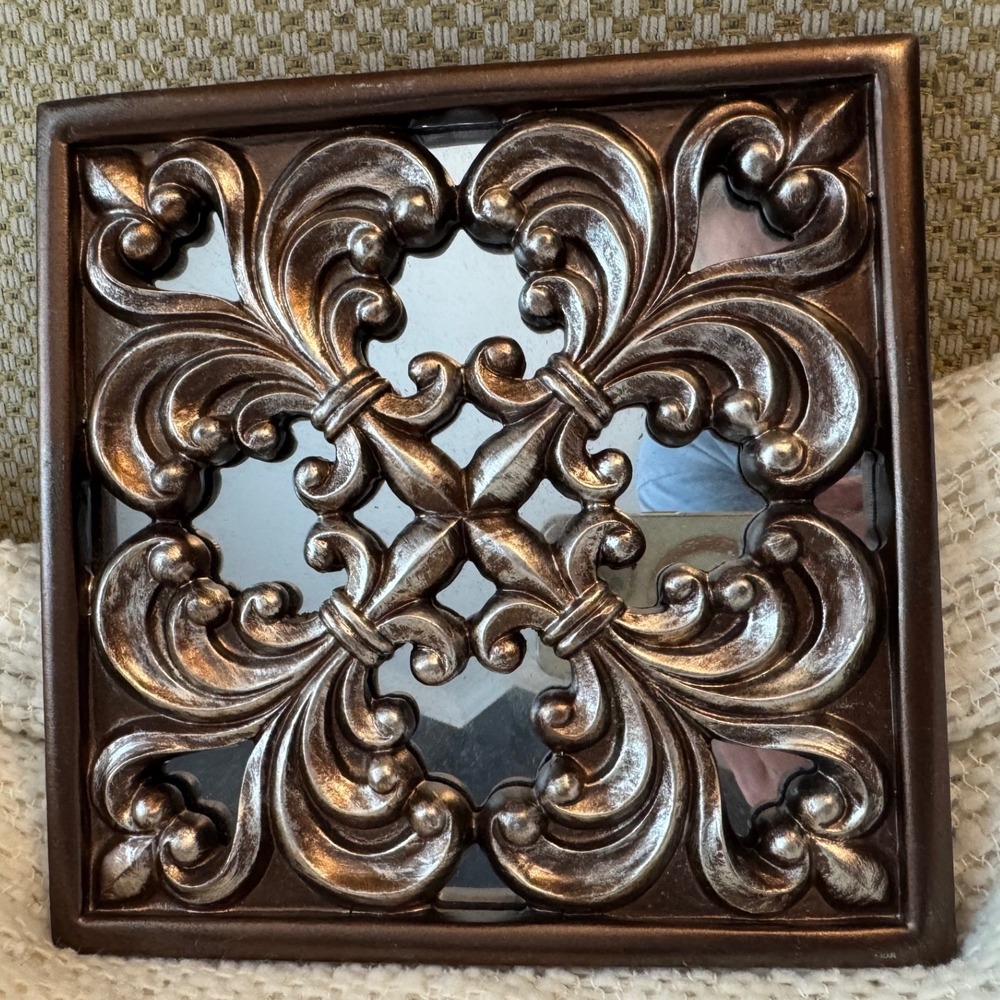Unbranded Wall Mirror Square Bronze Fleur De Lis Scrollwork French Tuscan Decor